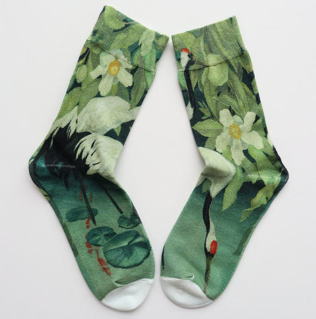 Buddha Stones Casual White Crane Floral Lotus Leaf Koi Fish Cotton Quarter Women's Socks - MediumAquamarine - S (US 4.5-7，EU 35-38，UK/AU 2.5-4.5，AISA 22.5-24.5cm) - image 0