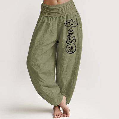 Buddha Stones Plain Lotus Om Pattern Women's Elastic Waist Partial Printing Harem Cotton Pants - OliveDrab - US22，UK/AU26，EU54 (6XL) - image 0