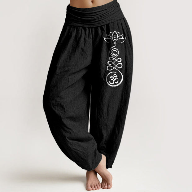 Buddha Stones Plain Lotus Om Pattern Women's Elastic Waist Partial Printing Harem Cotton Pants - Black - US22，UK/AU26，EU54 (6XL) - image 5