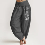 Buddha Stones Plain Lotus Om Pattern Women's Elastic Waist Partial Printing Harem Cotton Pants - DimGray - US22，UK/AU26，EU54 (6XL) - image 11