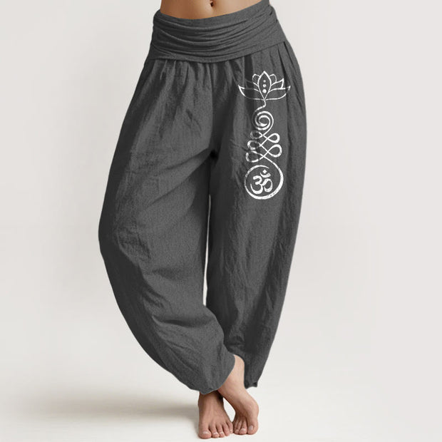 Buddha Stones Plain Lotus Om Pattern Women's Elastic Waist Partial Printing Harem Cotton Pants - DimGray - US22，UK/AU26，EU54 (6XL) - image 11