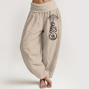 Buddha Stones Plain Lotus Om Pattern Women's Elastic Waist Partial Printing Harem Cotton Pants - Tan - US22，UK/AU26，EU54 (6XL) - image 14