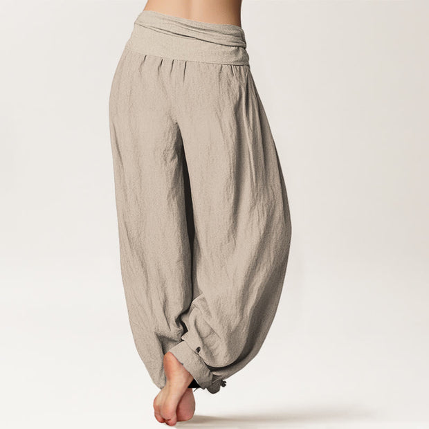 Buddha Stones Plain Lotus Om Pattern Women's Elastic Waist Partial Printing Harem Cotton Pants - image 15