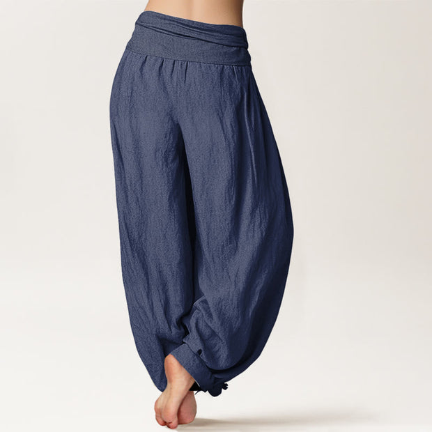 Buddha Stones Blooming Lotus Om Symbol Pattern Women's Elastic Waist Harem Cotton Pants - image 1