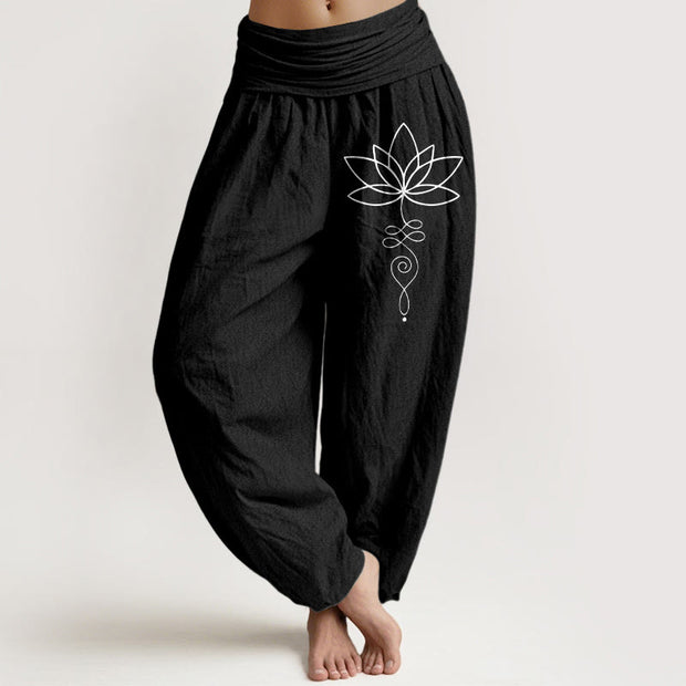 Buddha Stones Lotus Unalome Symbol Pattern Women's Elastic Waist Harem Pure Cotton Pants - Black - US22，UK/AU26，EU54 (6XL) - image 5