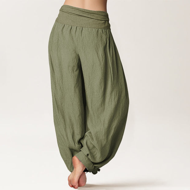 Buddha Stones Lotus Unalome Symbol Pattern Women's Elastic Waist Harem Pure Cotton Pants - image 15