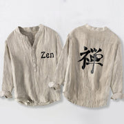Buddha Stones Zen Character Half Buttons Design Long Sleeve Men's Cotton Linen Shirt - Linen - US/UK/AU50，EU60 (5XL) - image 0
