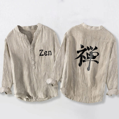 Buddha Stones Zen Character Half Buttons Design Long Sleeve Men's Cotton Linen Shirt - Linen - US/UK/AU50，EU60 (5XL) - image 0