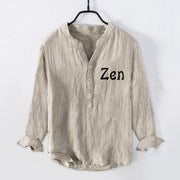 Buddha Stones Zen Character Half Buttons Design Long Sleeve Men's Cotton Linen Shirt - image 1