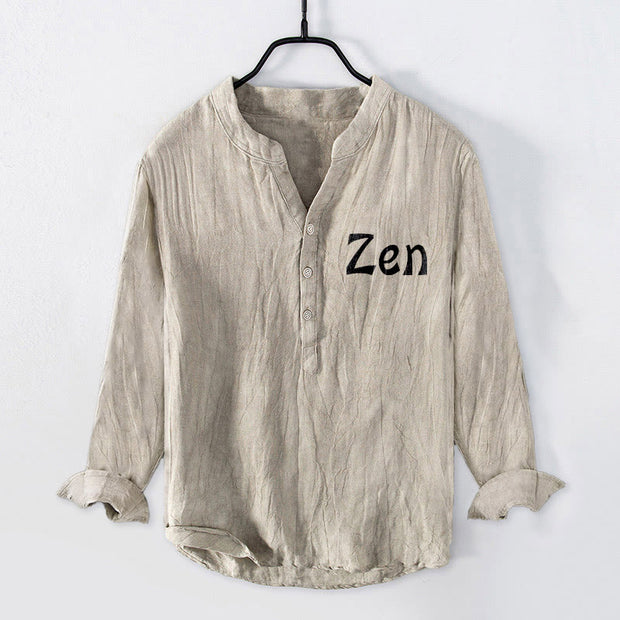 Buddha Stones Zen Character Half Buttons Design Long Sleeve Men's Cotton Linen Shirt - image 1