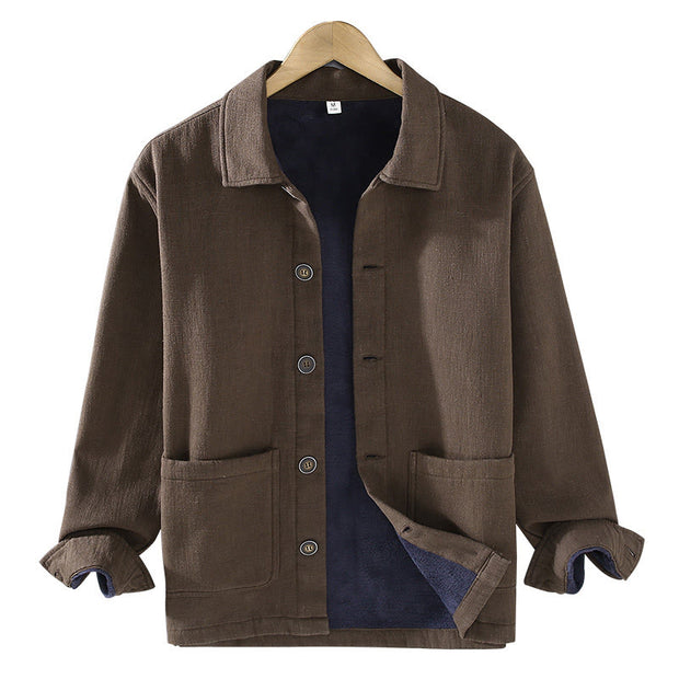 Buddha Stones Men's Plain Long Sleeve Thermal Fleece-Lined Ramie Linen Cotton Jacket With Pockets - image 15