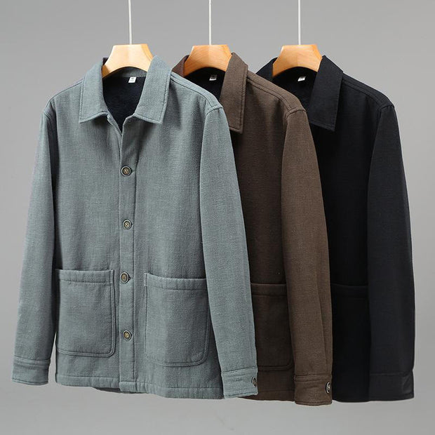 Buddha Stones Men's Plain Long Sleeve Thermal Fleece-Lined Ramie Linen Cotton Jacket With Pockets - image 16