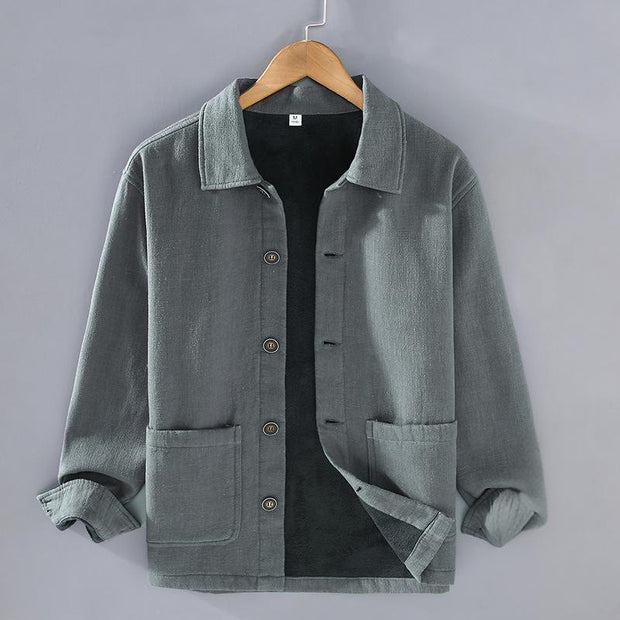 Buddha Stones Men's Plain Long Sleeve Thermal Fleece-Lined Ramie Linen Cotton Jacket With Pockets - LightSlateGray - US/UK/AU42，EU52 (3XL) - image 0