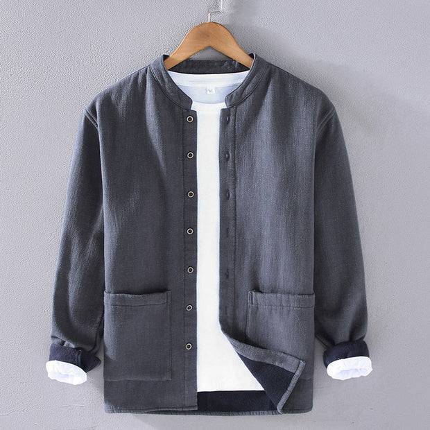 Buddha Stones Men's Stnad Collar Long Sleeve Thermal Fleece-lined Ramie Cotton Jacket With Pockets - LightSlateGray - US/UK/AU42，EU52 (3XL) - image 2