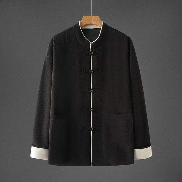 Buddha Stones Men's Frog-Button Mandarin Collar Long Sleeve Cotton Jacket Tang Suit With Pockets - Black - US/UK/AU42，EU52 (3XL) - image 10