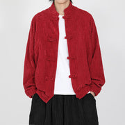 Buddha Stones Men's Chinese Plain Frog-Button Long Sleeve Cotton Corduroy Jacket With Pockets - Crimson - US/UK/AU46，EU56 (5XL) - image 7