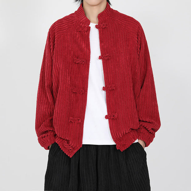 Buddha Stones Men's Chinese Plain Frog-Button Long Sleeve Cotton Corduroy Jacket With Pockets - Crimson - US/UK/AU46，EU56 (5XL) - image 7