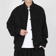 Buddha Stones Men's Chinese Plain Frog-Button Long Sleeve Cotton Corduroy Jacket With Pockets - Black - US/UK/AU46，EU56 (5XL) - image 0