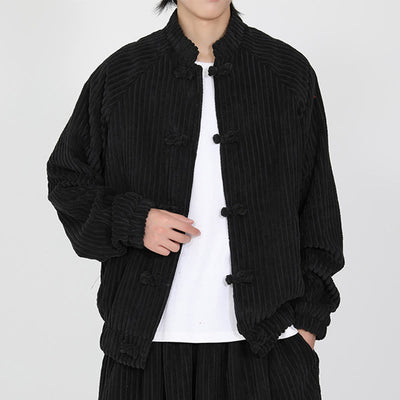 Buddha Stones Men's Chinese Plain Frog-Button Long Sleeve Cotton Corduroy Jacket With Pockets - Black - US/UK/AU46，EU56 (5XL) - image 0