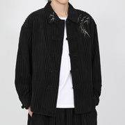 Buddha Stones Embroidery Bamboo Pattern Frog-Button Desgin Long Sleeve Men's Cotton Corduroy Jacket - image 5