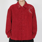 Buddha Stones Embroidery Bamboo Pattern Frog-Button Desgin Long Sleeve Men's Cotton Corduroy Jacket - Crimson - US/UK/AU46，EU56 (5XL) - image 9