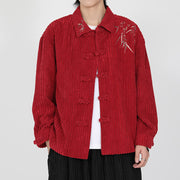 Buddha Stones Embroidery Bamboo Pattern Frog-Button Desgin Long Sleeve Men's Cotton Corduroy Jacket - image 12