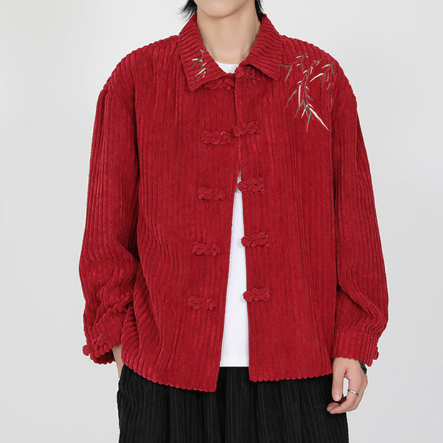 Buddha Stones Embroidery Bamboo Pattern Frog-Button Desgin Long Sleeve Men's Cotton Corduroy Jacket - image 12