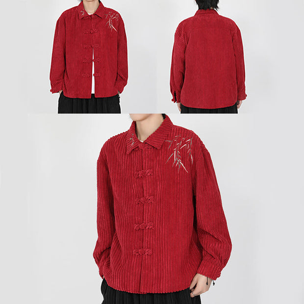Buddha Stones Embroidery Bamboo Pattern Frog-Button Desgin Long Sleeve Men's Cotton Corduroy Jacket - image 19