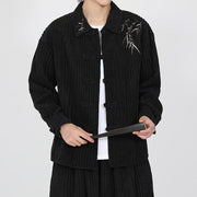 Buddha Stones Embroidery Bamboo Pattern Frog-Button Desgin Long Sleeve Men's Cotton Corduroy Jacket - Black - US/UK/AU46，EU56 (5XL) - image 0