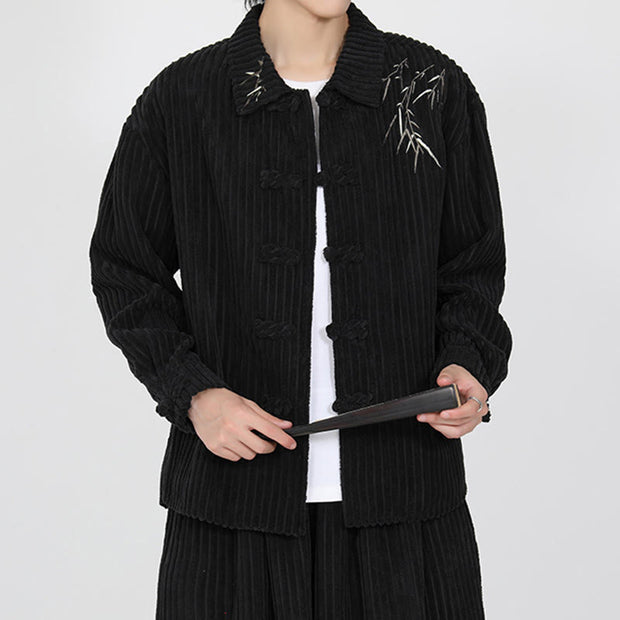 Buddha Stones Embroidery Bamboo Pattern Frog-Button Desgin Long Sleeve Men's Cotton Corduroy Jacket - Black - US/UK/AU46，EU56 (5XL) - image 0