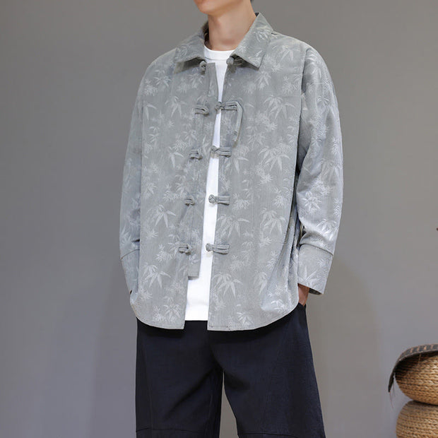 Buddha Stones Jacquard Leaves Pattern Frog-Button Long Sleeve Men's Cotton Tang Suit Jacket - LightGrey - US/UK/AU48，EU58(5XL) - image 8