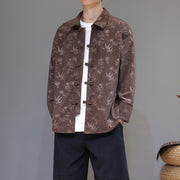 Buddha Stones Jacquard Leaves Pattern Frog-Button Long Sleeve Men's Cotton Tang Suit Jacket - Sienna - US/UK/AU48，EU58(5XL) - image 25
