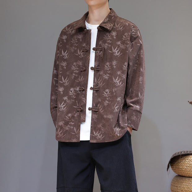 Buddha Stones Jacquard Leaves Pattern Frog-Button Long Sleeve Men's Cotton Tang Suit Jacket - Sienna - US/UK/AU48，EU58(5XL) - image 25