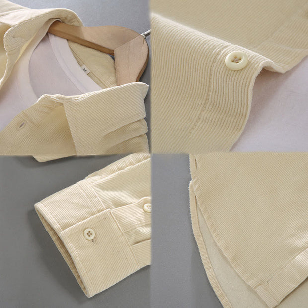 Buddha Stones Men's Solid Color Buttons Design Long Sleeve Pure Cotton Corduroy Shirt - image 17