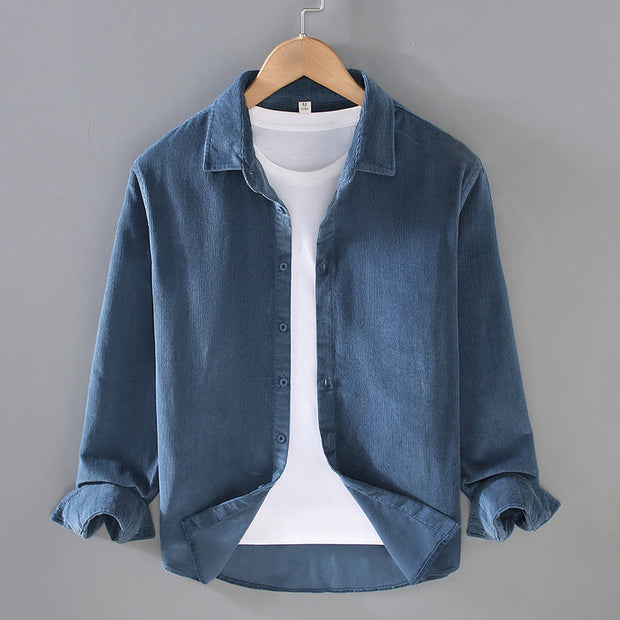 Buddha Stones Men's Solid Color Buttons Design Long Sleeve Pure Cotton Corduroy Shirt - SteelBlue - US/UK/AU44，EU54 (4XL) - image 0