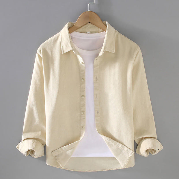 Buddha Stones Men's Solid Color Buttons Design Long Sleeve Pure Cotton Corduroy Shirt - Beige - US/UK/AU44，EU54 (4XL) - image 4