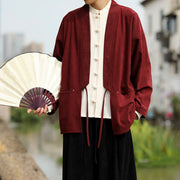 Buddha Stones Solid Color Open Front Long Sleeve Jacket Men's Cotton Corduroy Kimono With Pockets - image 8