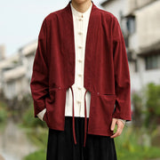 Buddha Stones Solid Color Open Front Long Sleeve Jacket Men's Cotton Corduroy Kimono With Pockets - image 9
