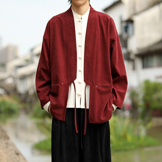 Buddha Stones Solid Color Open Front Long Sleeve Jacket Men's Cotton Corduroy Kimono With Pockets - FireBrick - US/UK/AU46，EU56 (5XL) - image 7