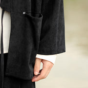 Buddha Stones Solid Color Open Front Long Sleeve Jacket Men's Cotton Corduroy Kimono With Pockets - image 22