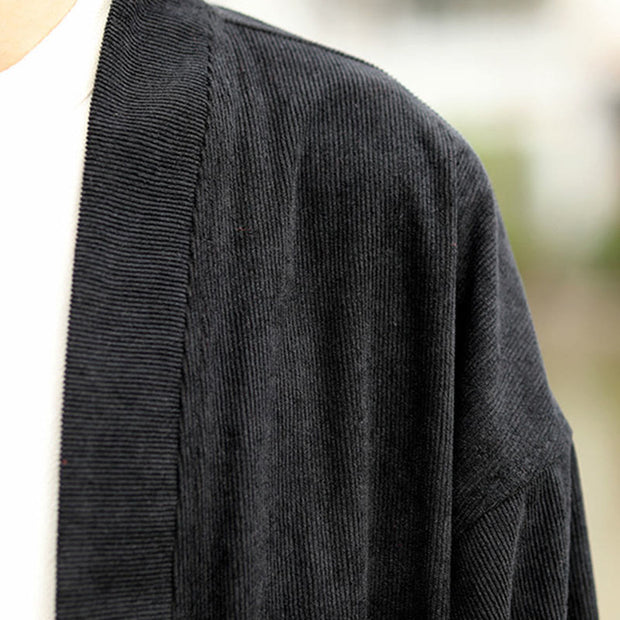 Buddha Stones Solid Color Open Front Long Sleeve Jacket Men's Cotton Corduroy Kimono With Pockets - image 19