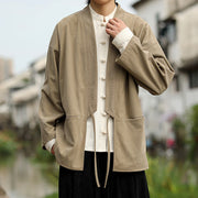 Buddha Stones Solid Color Open Front Long Sleeve Jacket Men's Cotton Corduroy Kimono With Pockets - image 6