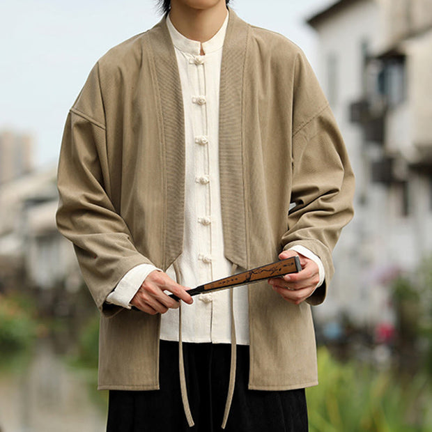 Buddha Stones Solid Color Open Front Long Sleeve Jacket Men's Cotton Corduroy Kimono With Pockets - image 5