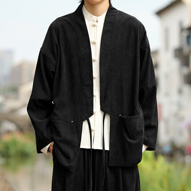 Buddha Stones Solid Color Open Front Long Sleeve Jacket Men's Cotton Corduroy Kimono With Pockets - Black - US/UK/AU46，EU56 (5XL) - image 13