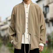 Buddha Stones Solid Color Open Front Long Sleeve Jacket Men's Cotton Corduroy Kimono With Pockets - image 3