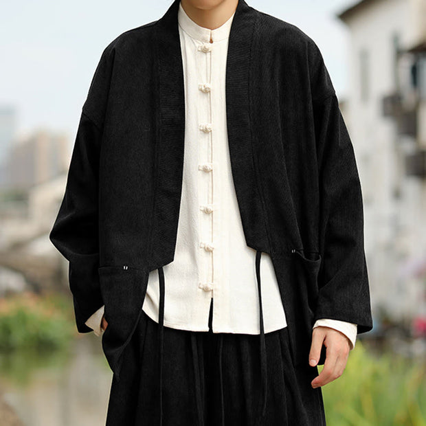 Buddha Stones Solid Color Open Front Long Sleeve Jacket Men's Cotton Corduroy Kimono With Pockets - image 17