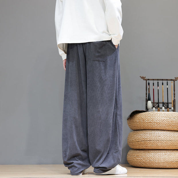 Buddha Stones Plain Color Pure Cotton Corduroy Men's Harem Pants With Pockets - image 15
