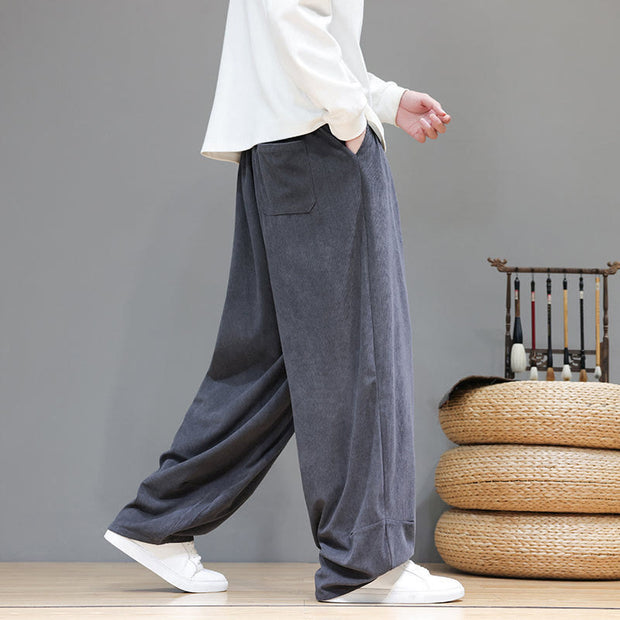 Buddha Stones Plain Color Pure Cotton Corduroy Men's Harem Pants With Pockets - image 18