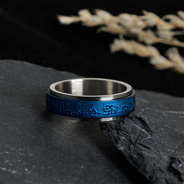 Buddha Stones Tibetan Scriptures Blue Pharmacist Mantra Titanium Steel Spinner Balance Ring - image 1