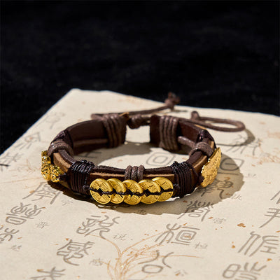 Buddha Stones Five-emperor Coins Pi Xiu Wealth Leather Rope Bracelet  - Five Emperors Coins & PiXiu (Wrist Circumference: 15-19cm) - image 0